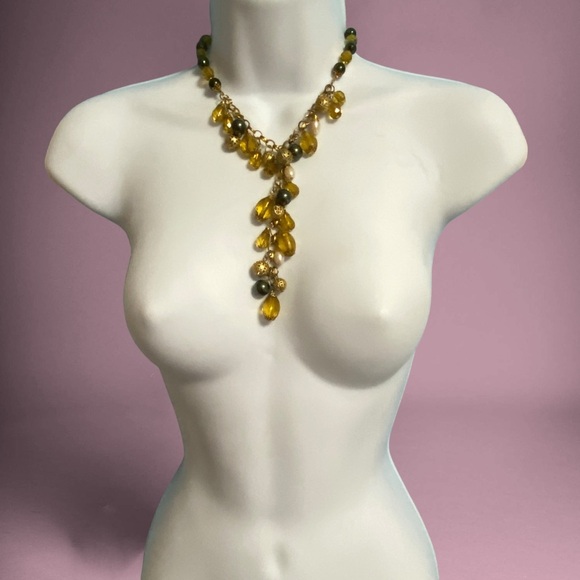 Gold Tone Green & Gold Filagree Beads Drop Statement Necklace - Picture 1 of 8